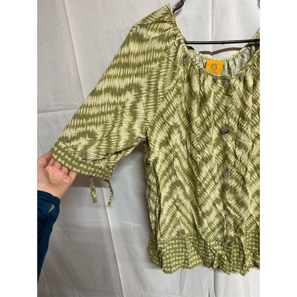 Ruby Rd XL Green Abstract Print Peasant Boho Button Front Rayon Blouse - Picture 2 of 8